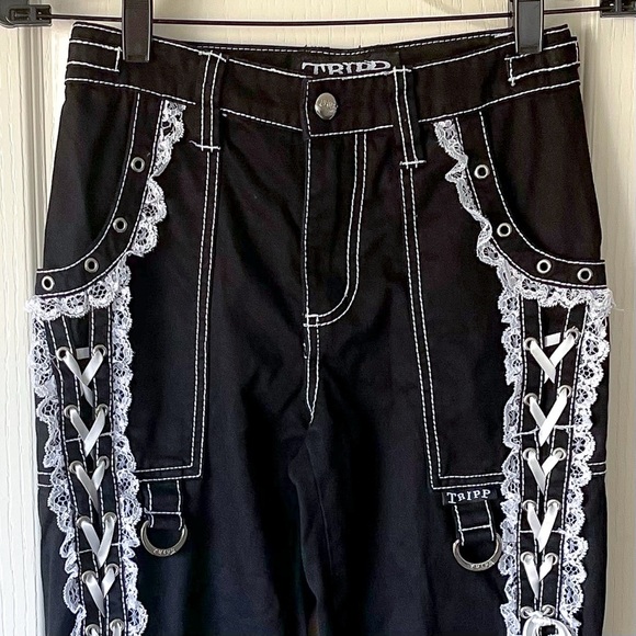 Tripp NYC Lolita Bondage Pants Lace Trim Chains Black White 25 EUC - Picture 5 of 10
